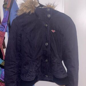 Hollister Women's Black Bomber Jacket with Faux Fur Trim